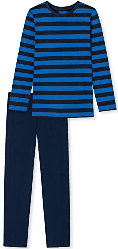 In One Clothing - Jungen Schlafanzug lang, weicher Single-Jersey aus 100% Baumwolle - in blau und dunkelblau gestreift Grösse 152
