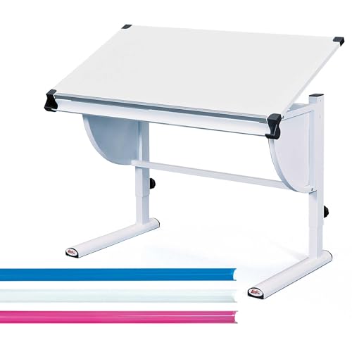 Inter Link - Höhenverstellbarer - Kinderschreibtisch - Schülerschreibtisch - Jugendschreibtisch - Schreibtisch mit kippbarer Ablage - Weiß - 3 Farbdetails - Milo