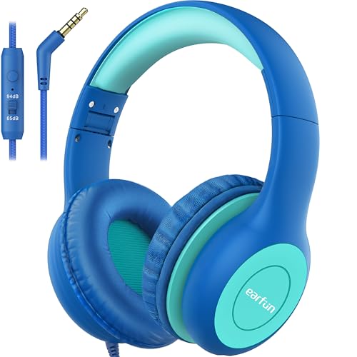 EarFun Kinder Kopfhörer, Kopfhörer Kinder mit Kabel, 85/94dB Lautstärkenbegrenzer, Faltbare, Einstellbar, Stereo Sound, HD-Mikrofon, Audio-Sharing, Over Ear Kinderkopfhörer für Schule/Tablet/PC, Blau