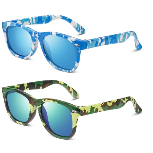 Utensilsto 2 Paare Camo Sonnenbrille für Kinder Gummi Flexible Sonnenbrillen für Jungen Mädchen(Blau weiß und Grün)