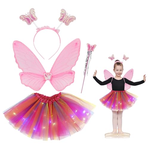 SDAOP Fee Kostüm Mädchen Kinder: Feen Schmetterling kostüme Tutu Flügel Feenkostüm Zauberstab und Haarreifen Prinzessin Fee Faschingskostüm Fasching Costume Dress Up für 3 bis 8 J (Pink)