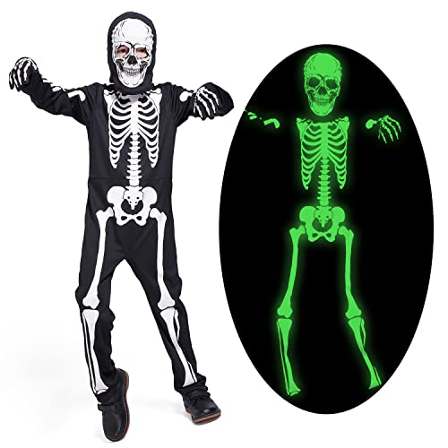 Sincere Party Im Dunkeln leuchtendes Skelett mit Knochen Skelettkostüm mit Handschuhen, gut für Kinder von 9–11 Jahren
