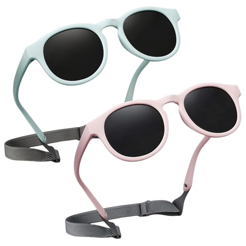 BYZESTY Polarisierte Baby Sonnenbrille, 2 Stück Sonnenbrille Kinder Mit Riemen Verstellbar, Silikon Rahmen Sonnenbrille Kinder, Kindersonnenbrille Fur 0-3 Jahre Jungen Mädchen