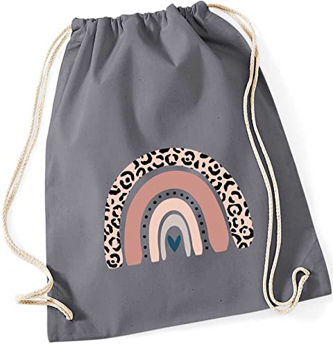Turnbeutel für Kinder Baumwolle mit Regenbogen in Rosé | Motiv LEO-Print für Mädchen | Stoffbeutel Rucksack zum Zuziehen mit Kordel (grau)