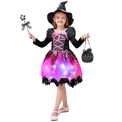 FORMIZON Mädchen Hexen Kostüm, LED Hexenkleid Kinder, Hexenkostüm mit Lichter, Kinder Zauberer verkleiden Cosplay Kostüm Set, Mädchen Halloween Fasching Karneval Party Bekleidung (Schwarz, 110)