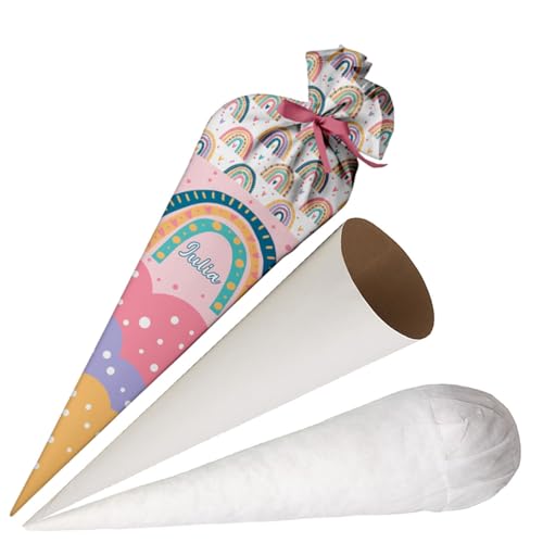 Ferocity Schultüte Regenbogen für Mädchen aus Stoff, Personalisierte Tüte, 70 cm Zuckertüte mit Namen, runde Papprohling und Füllung aus Silikonkügelchen, große Tüte als Kissen [149]