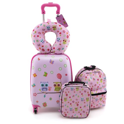 COSTWAY 5 teiliges Kinderkoffer + Rucksack, Kindertrolley mit Lunchbox, Gepäckanhänger & Nackenkissen, Kindergepäck mit Rollen, Handgepäck Reisekoffer Hartschalenkoffer für Jungen & Mädchen (Rosa)