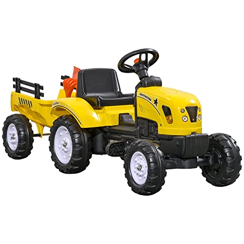 HOMCOM Tretauto Traktor Trettraktor mit Anhänger ab 3 Jahre Spielzeug Kinder Gelb 123 x 42 x 51cm