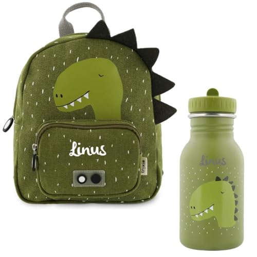 Kidslino Personalisierter Kinderrucksack mit Namen, Trixie Dino-Design, Ideal für Kindergarten, Kita, Verstellbare Gurte, Kinderfreundliche Reißverschlüsse, Optional mit Trinkflasche