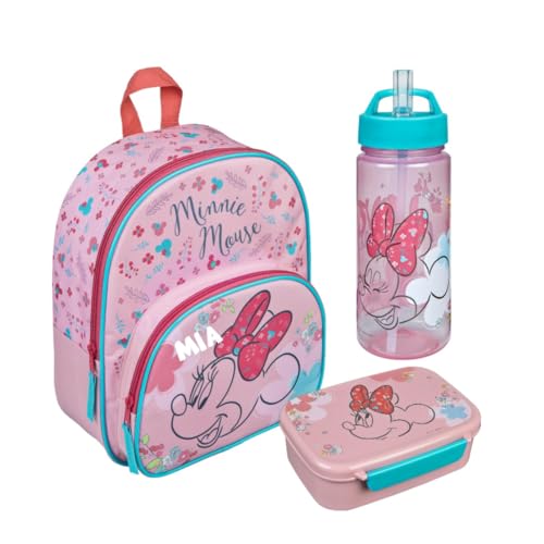 Kindergartenrucksack Disney Minnie Mouse Mädchen mit Brotzeitdose Trinkflasche - Personalisiert mit Name - Set Kinderrucksack mit Brotdose Trinkbecher