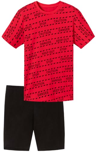In One Clothing - Jungen Schlafanzug kurz, weicher Single-Jersey aus 100% Baumwolle, mit Motivdruck und Hose in Bermuda Form - mit Motiv Danger, in der Farbe rot/schwarz - Grösse 152