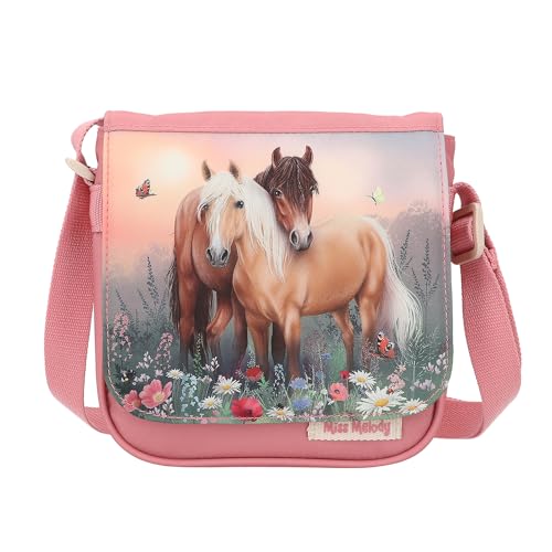 Depesche 12762 Miss Melody Flowers - Kleine Umhängetasche in Pink mit Pferde Motiv, Tasche mit Magnetverschluss und längenverstellbarem Tragegurt