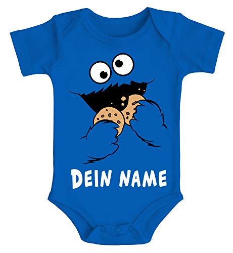MoonWorks® Baby Body mit Namen Bedrucken Lassen Krümelmonster Keks Cookie Monster personalisierbares Geschenk blau 3-6 Monate