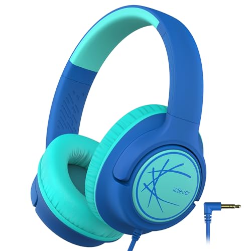 iClever Kopfhörer Kinder, Kopfhörer für Kinder mit Kabel 85dBA Sichere Lautstärke, Stereo Sound, Over Ear Faltbare 3.5 mm Jack Kinder Kopfhörer für iPad, Tablets, Schule, Reisen, Blau