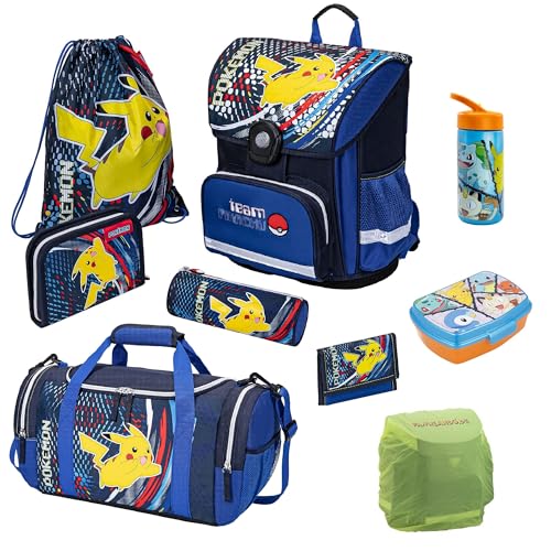 Familando Pokemon Schulranzen für die 1. Klasse · Schultasche mit Pikachu für Jungen und Mädchen · Kompakt und Leicht im Set mit großer Sporttasche (9-teiliges Set)