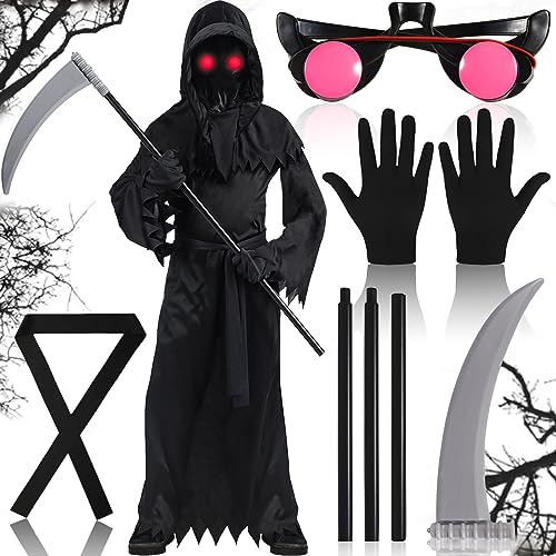 Frasheng Sensenmann Kostüm, Kinderkostüm Reaper, Unisex,- Grim, Set mit leuchtenden Augen, Hochwertige Handschuhe, Sense, für Halloween Dekoration, Cosplay