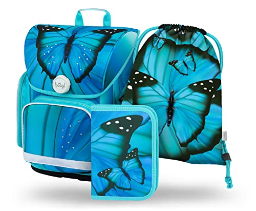 Baagl Schulranzen Mädchen Set 3 Teilig, Ergo Schultasche für 1. Klasse, Ergonomische Grundschule Ranzen Tornister mit Brustgurt (Butterfly)