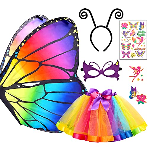 Tacobear 5 Stück Kostüm Schmetterling Kinder Mädchen Schmetterlingsflügel mit Maske Tutu Rock Tüllrock Haarreif Tattoos Umhang Flügel Halloween Karneval Fasching Cosplay (Bunt)