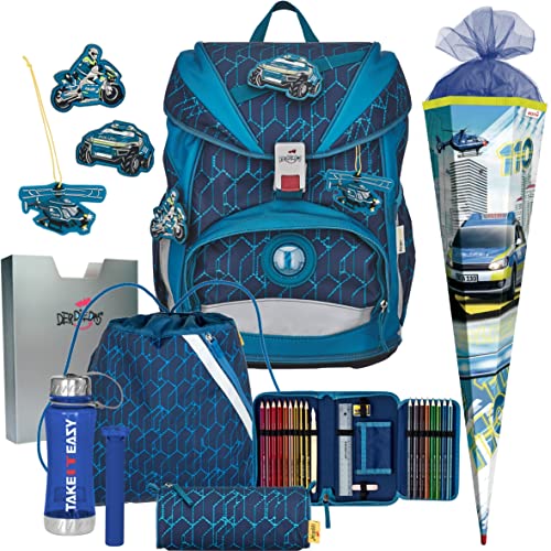 Generisch DerDieDas ErgoFLEX - BLUE SPEED - Polizei - Schulranzen-Set 7tlg. mit Schuhbeutel und Schultüte - Trinkflasche Gratis dazu