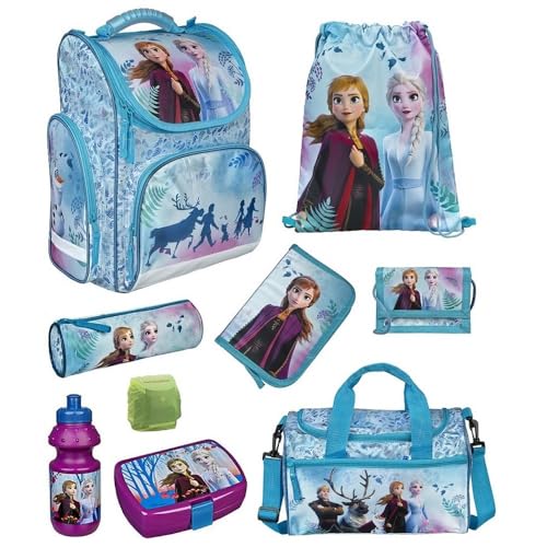 Familando Frozen Mädchen Schulranzen-Set 9-TLG Ranzen 1. Klasse | Schul-Tasche Disney Die Eiskönigin ELSA und Anna mit Sporttasche und Regenschutz | Blau | für Mädchen