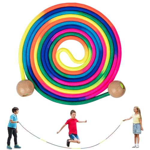 Springseil für Mehrspieler, 5 M Langes Springseil mit Holzgriff, springseil kinder, Farbenfrohes Springseil für Mehrspieler, Gruppenseil für Kinder & Erwachsene