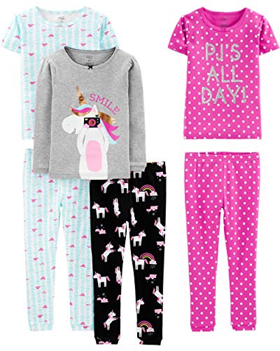 Simple Joys by Carter's Mädchen 6-Piece Snug Fit Cotton Pajama Set Pyjamaset, Blau Schildkröte/Grau Meliert/Rosa Tupfen/Schwarz Einhorn, 6 Jahre (3er Pack)